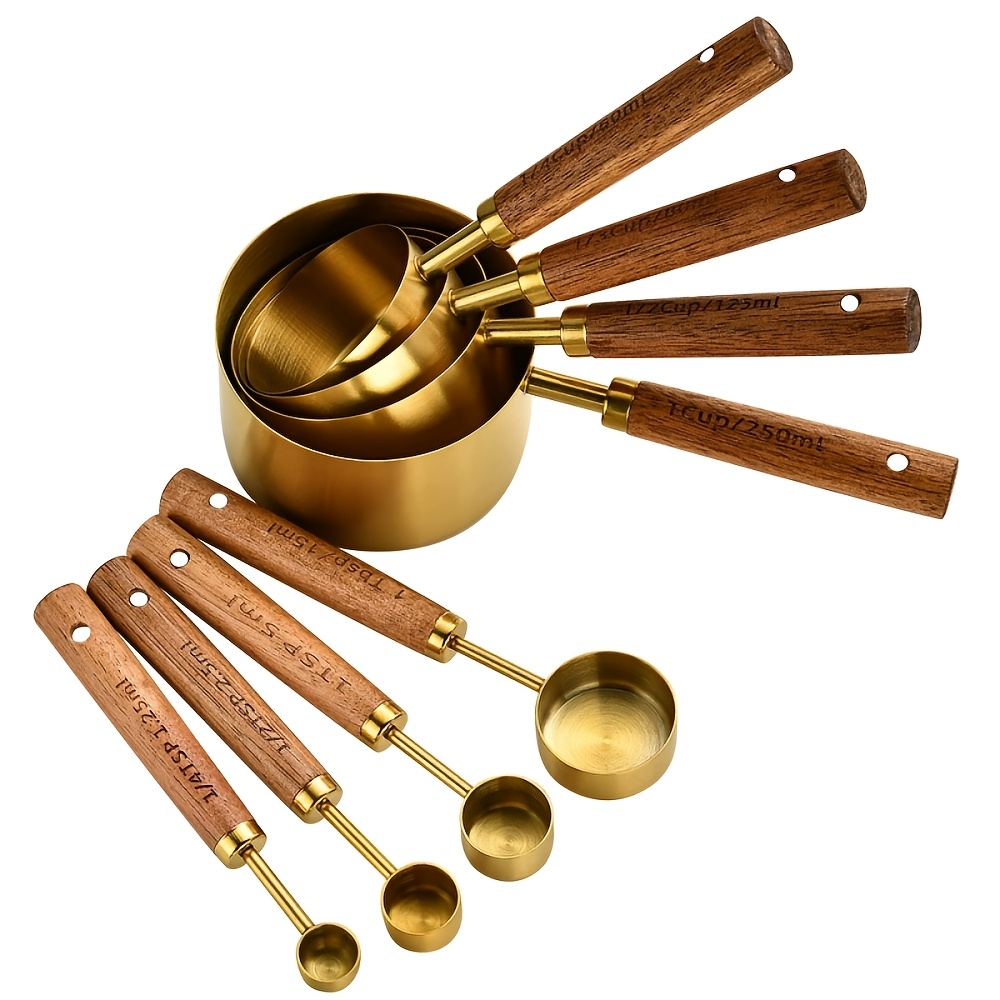 TEMU 8pcs Stainless Steel Measuring Cup And Spoon Set With Wooden Handles, Ideal For Baking, Cooking, Coffee, And Spice Measurement