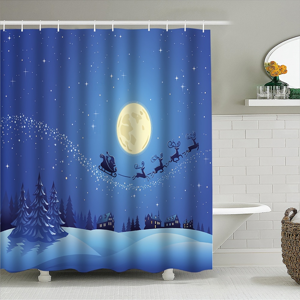 

Santa & Reindeer Christmas Shower Curtain - Waterproof, Machine Washable Bathroom Decor With Privacy Window Cover, Gift, Best For Christmas