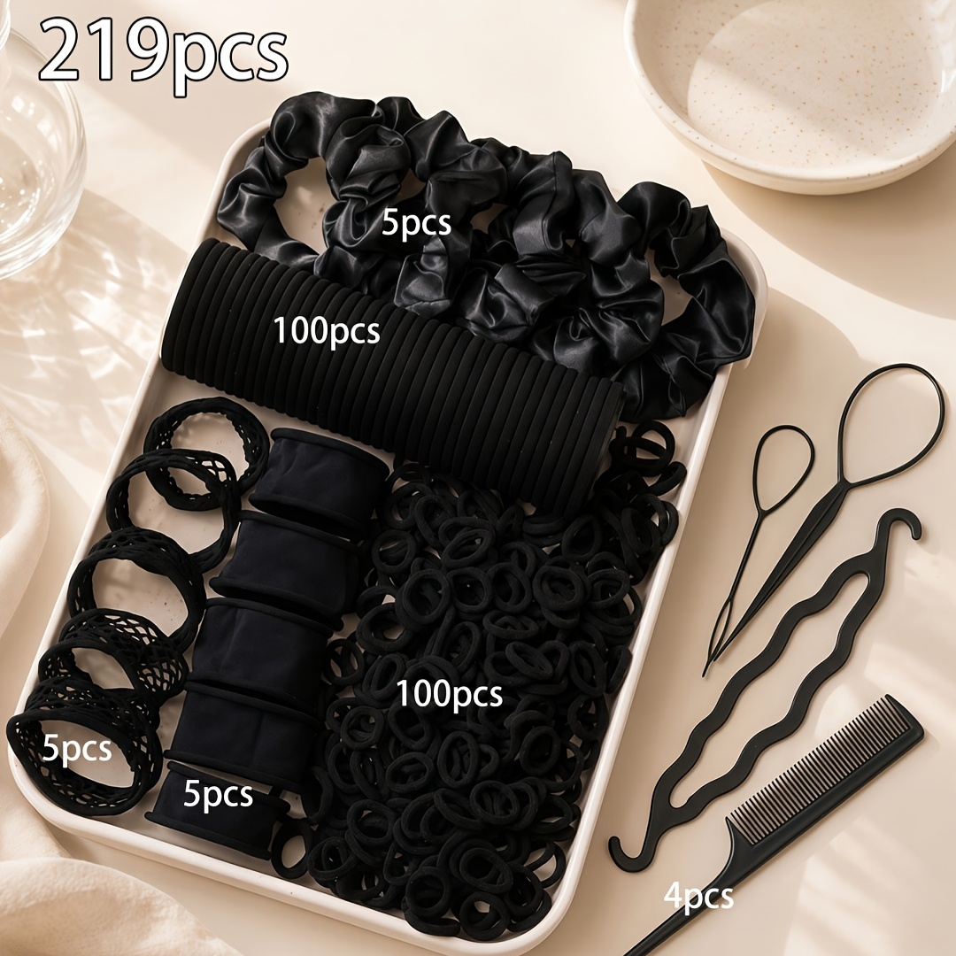 TEMU 219pcs Black Multi-functional Hair Accessory Set, Styles Of Large And Small Hair Ties, Suitable For Women' Hair Styling And Updos, Complete Set