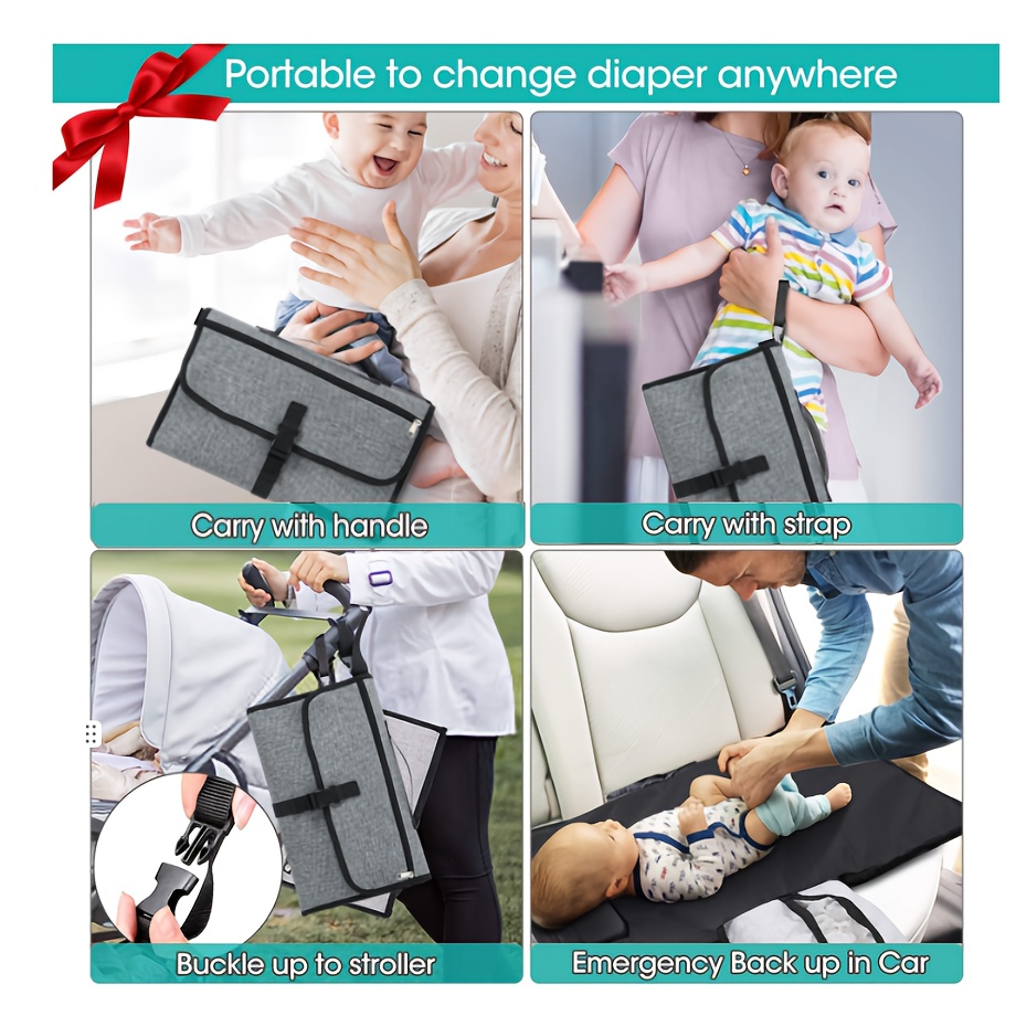 Portable Diaper Changing Mat for Babies, Detachable Travel Diaper Pad with Wipes Pocket, Waterproof Polyester Fiber, Ideal for Baby Shower & Newborn Gift, Black/Grey