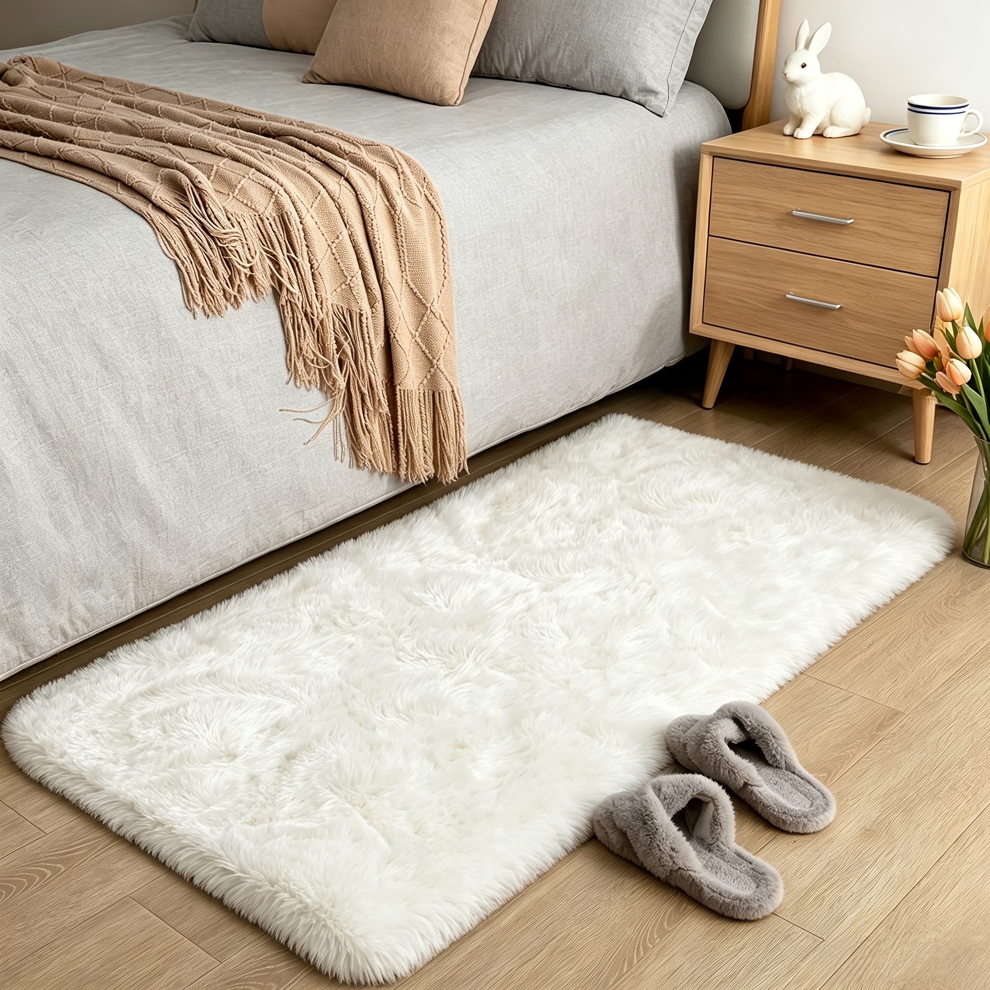 TEMU 1pc | Multicolor Bedroom Soft Long Plush Carpet | Living Room, Bedroom Mat | Nordic Style, | Soft And Good Texture | High Density Plush,