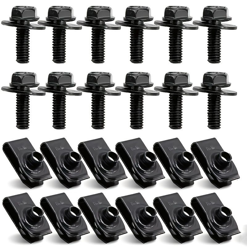 TEMU 24pcs (12 Screws   12 U-clips) Set M6-1.0 Body Bolts And Kit, Bumper Fender Liner Push-type Metal Rustproof U-type Retainer, Universal Fits Most