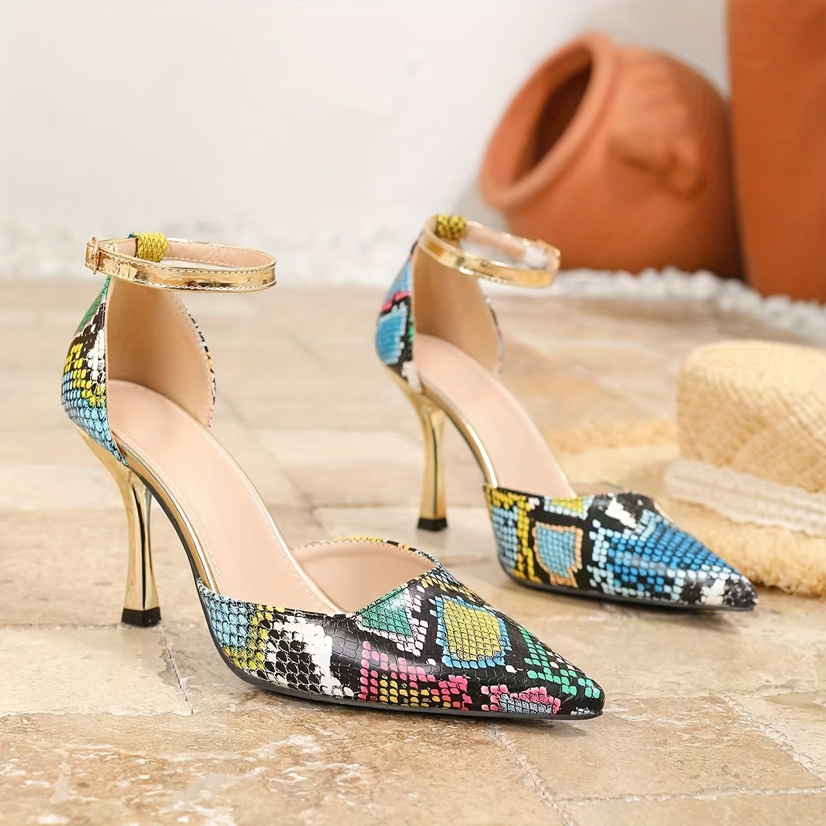 stylish women's snakeskin print high heel sandals pointed Temu