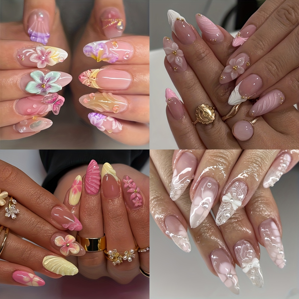 E-shop 96 Stück 3D Blumen Nagelstempel - Elegante Nude Pink und Weiße Lange Falsche Nägel mit Blumenprägung, Glänzender und Perlen Details, Perfektes