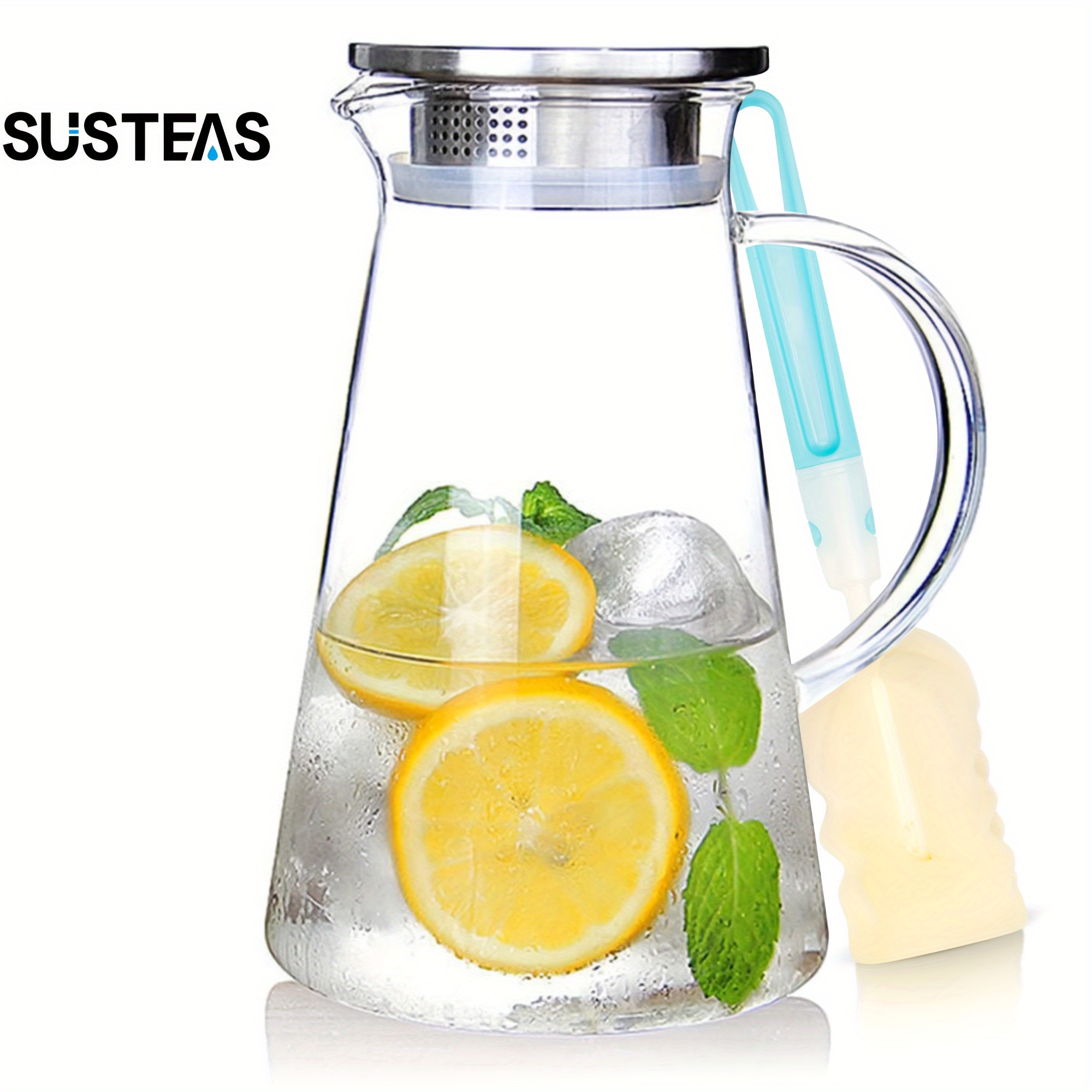 

Susteas 2.0 Liter 68oz Glass Pitcher With Lid, Easy Clean Heat Resistant Glass Water Carafe With Handle For Hot/cold Beverages - Water, Cold Brew, Iced Tea & Juice, 1 Free Long-handled Brush Included