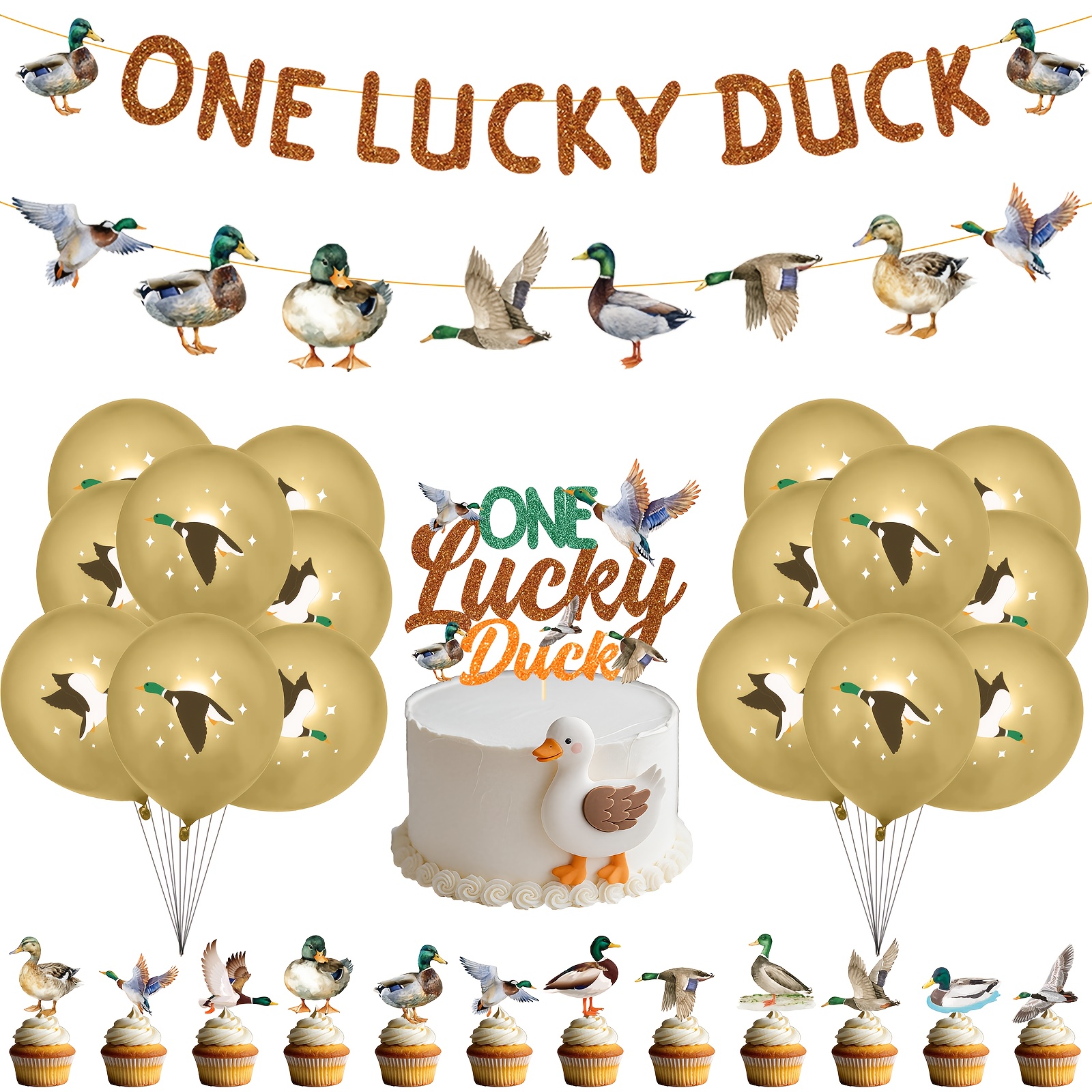 One Lucky Duck 1st Birthday Decorations Kit - Duck Hunting Theme Party Supplies With Backdrop & Balloons