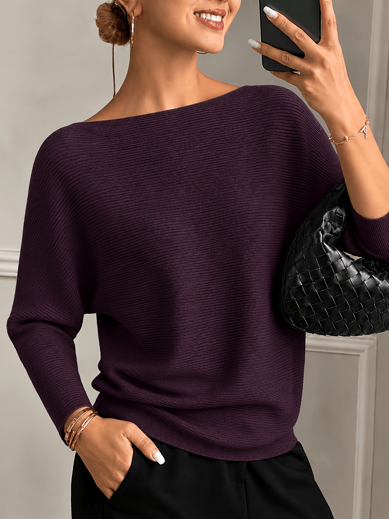 Artikelbild einfarbige, lockere rundhals-bluse, langarm-pullover mit schulterfreiem ausschnitt, lässige alltagsbluse