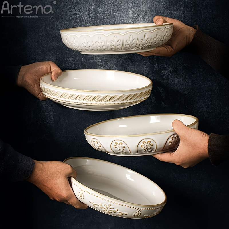 

4pcs Artena Pasta Bowls, 50oz Embossment Large Salad Serving Bowls, 9.56'' Plates Bowls, Big Ceramic Soup Bowls For Kitchen, Gifts For Father, Mother, Grandfather, , Housewarming, And Wedding