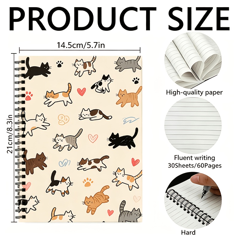 TEMU 1 Cute Cat-themed Spiral Notebook Featuring Lined Pages (/60 Pages) And Adorable Cat Illustrations; Suitable For Office Or Study Use, Or As A