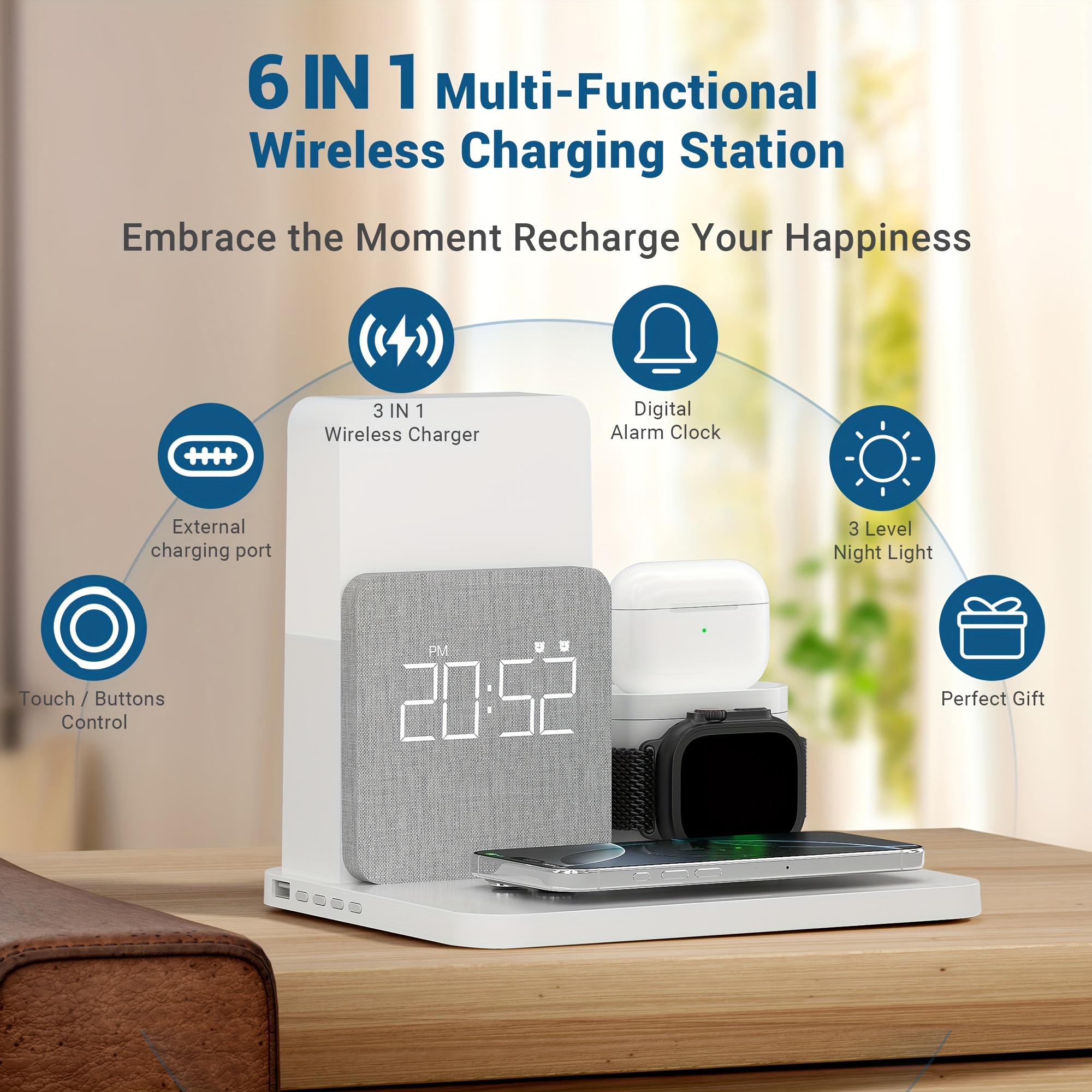 

Wireless Charging Station, 3 In 1 Charging Station Alarm Clock With Wireless Charger For Iphone 12/13/14//13 Mini/13 Pro Max/12 Pro Airpods