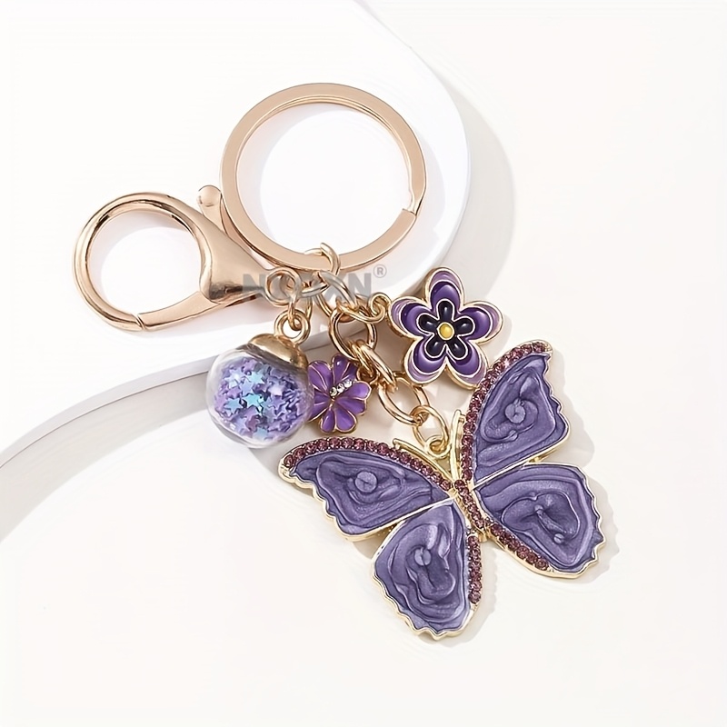 TEMU 1pc Enamel Keychain | Purple With Sequins And Flower Elements, Vintage Fresh Spring Style Fashion Accessory, Ideal Gift For