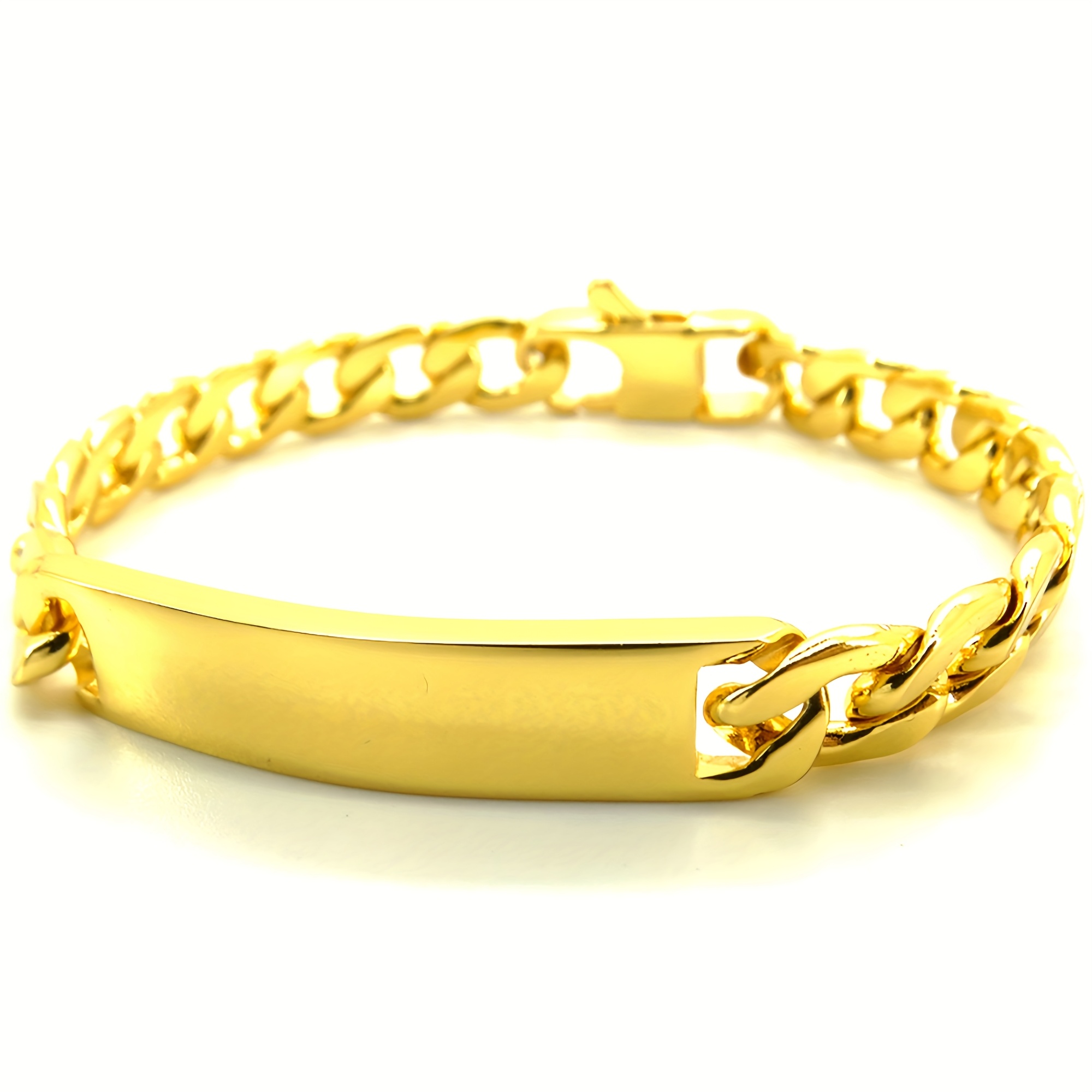 E-shop 1 Herrenarmband mit 18K Goldbeschichtung, 18K Goldbeschichtet, breite polierte ID gebogene Platte, 8 Zoll lange Cuban Link, hochwertiger 304L
