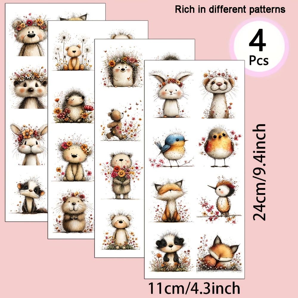 Image of 4pcs/set Whimsical Woodland Animals Floral Theme Uv Transfer Stickers | Self-adhesive Plastic Decals For Crafts, Mugs, Laptops & Water Bottles, High-quality Prints, Durable, Red Color, Single Use