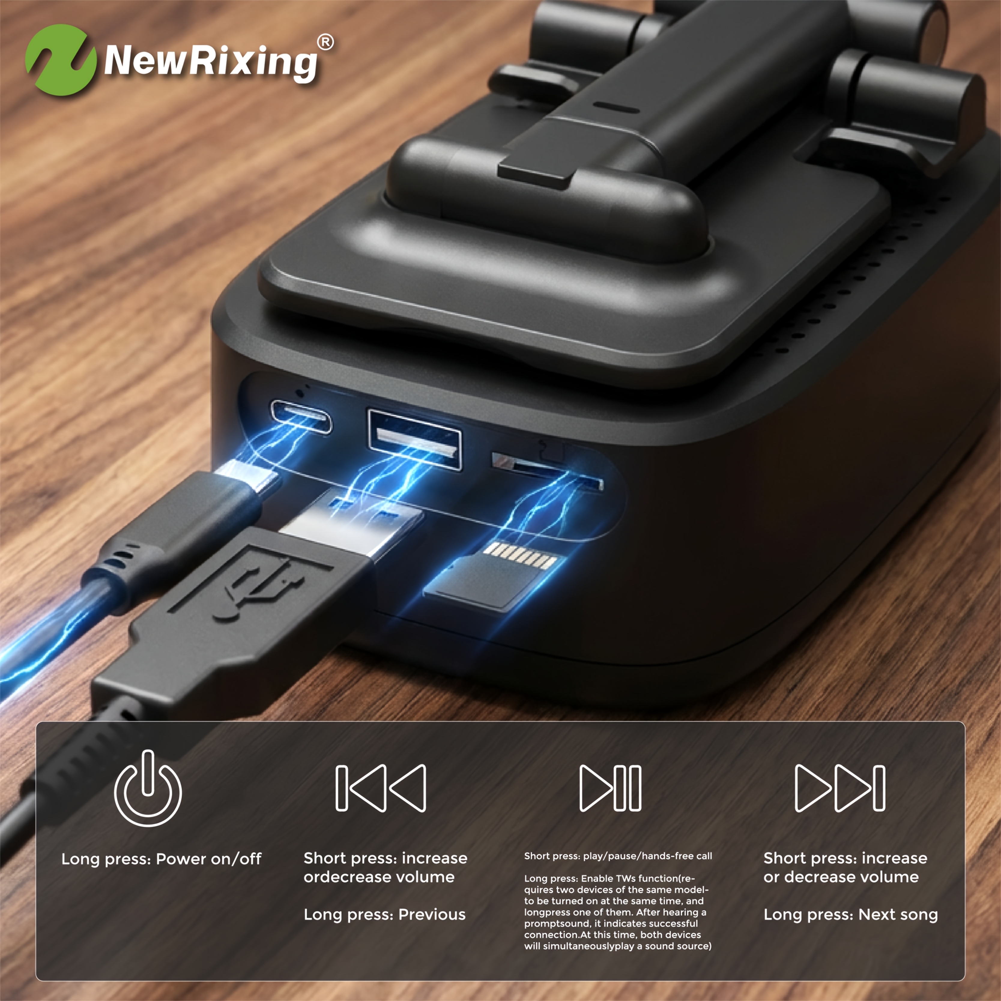 Alto-falantes sem fio NewRixing 6W com suporte para celular, emparelhamento  TWS, bateria de 3000mAh, uso de celular mãos-livres, power bank móvel, suporta reprodução BT, TF, USB, 7 horas de reprodução, qualidade de som Hi-Fi, estéreo alto e graves potentes, carregamento USB-C, para 7