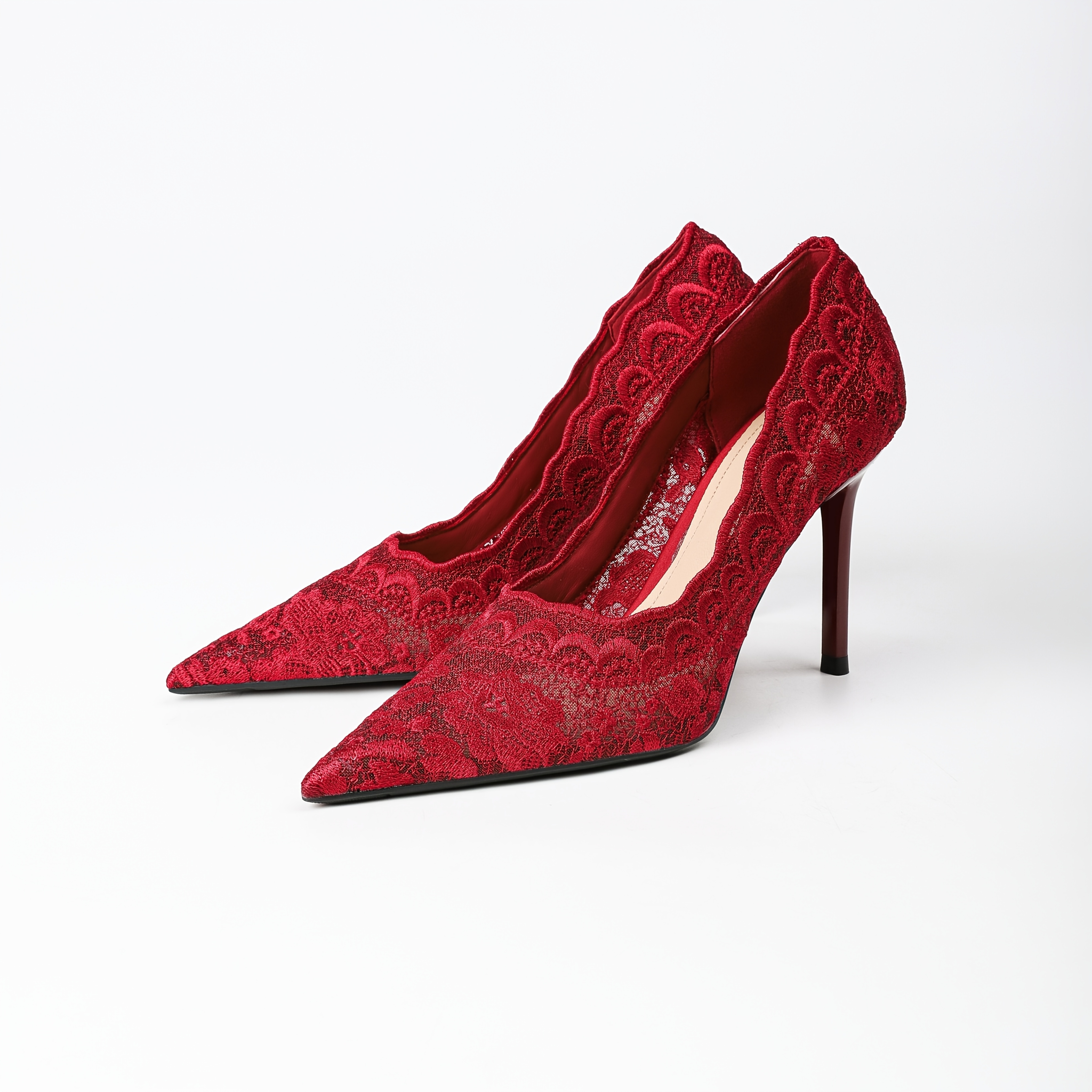 Image of Pointed Toe Stiletto High Heels Women's Wavy Edge Mesh Embroidery Shallow Mouth Bridal Wedding Shoes Bridesmaid Shoes Versatile Single Shoes, Women Shoes