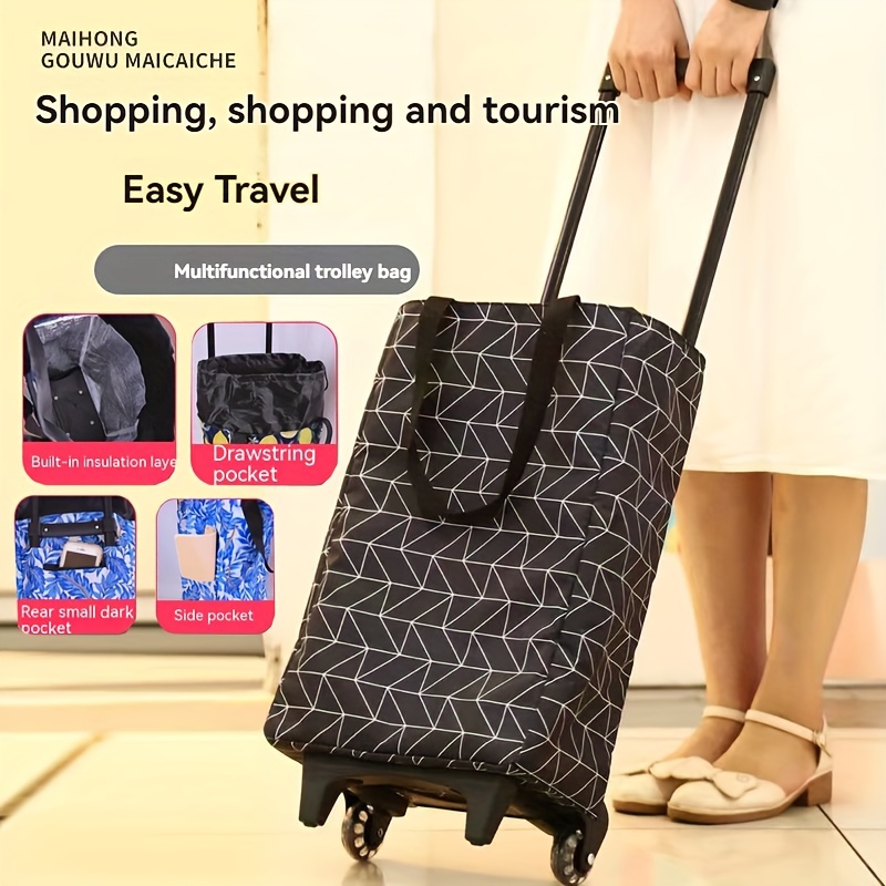 [Foldable Lightweight Trolley Shopping Cart] Multi-Functional Trolley Shopping Cart with Insulation Layer - Durable Metal Frame, Rolling Plastic Wheels, Foldable and Lightweight for Easy Travel, Drawstring Closure, Built-In Pockets, No Electricity Needed
