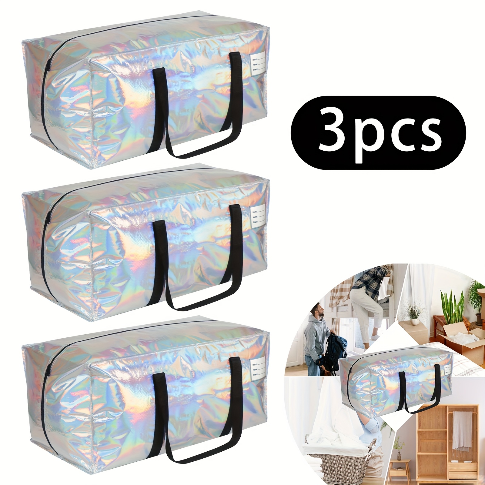 3pcs Large Moving Bags With Zippers And Handles, Silvery Storage Tote Bags, Space , Foldable, Alternative To Moving Boxes