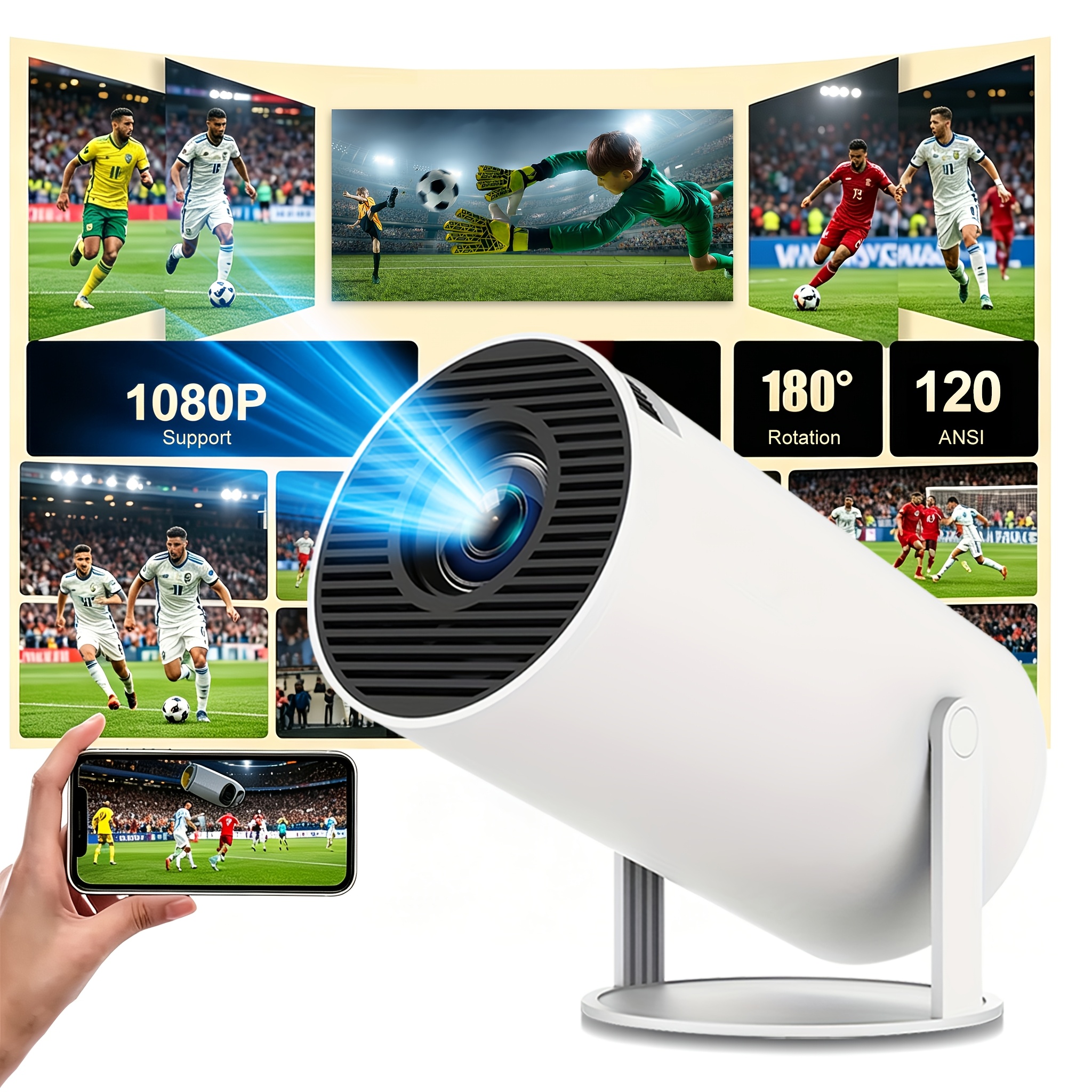 TEMU Mini Proyector con WiFi y BT 5.1, Proyector Portátil Giratorio de 180°, Resolución Nativa de 720P, Compatible con Proyector en Casa 1080P, Ideal