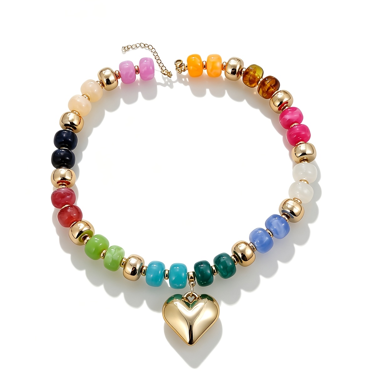 TEMU Bohemian Colorful Flat Bead 3d Heart Pendant Necklace, Multi-colored Heart Pendant Bead Necklace, Women's Chunky Bead Necklace, Bohemian Style