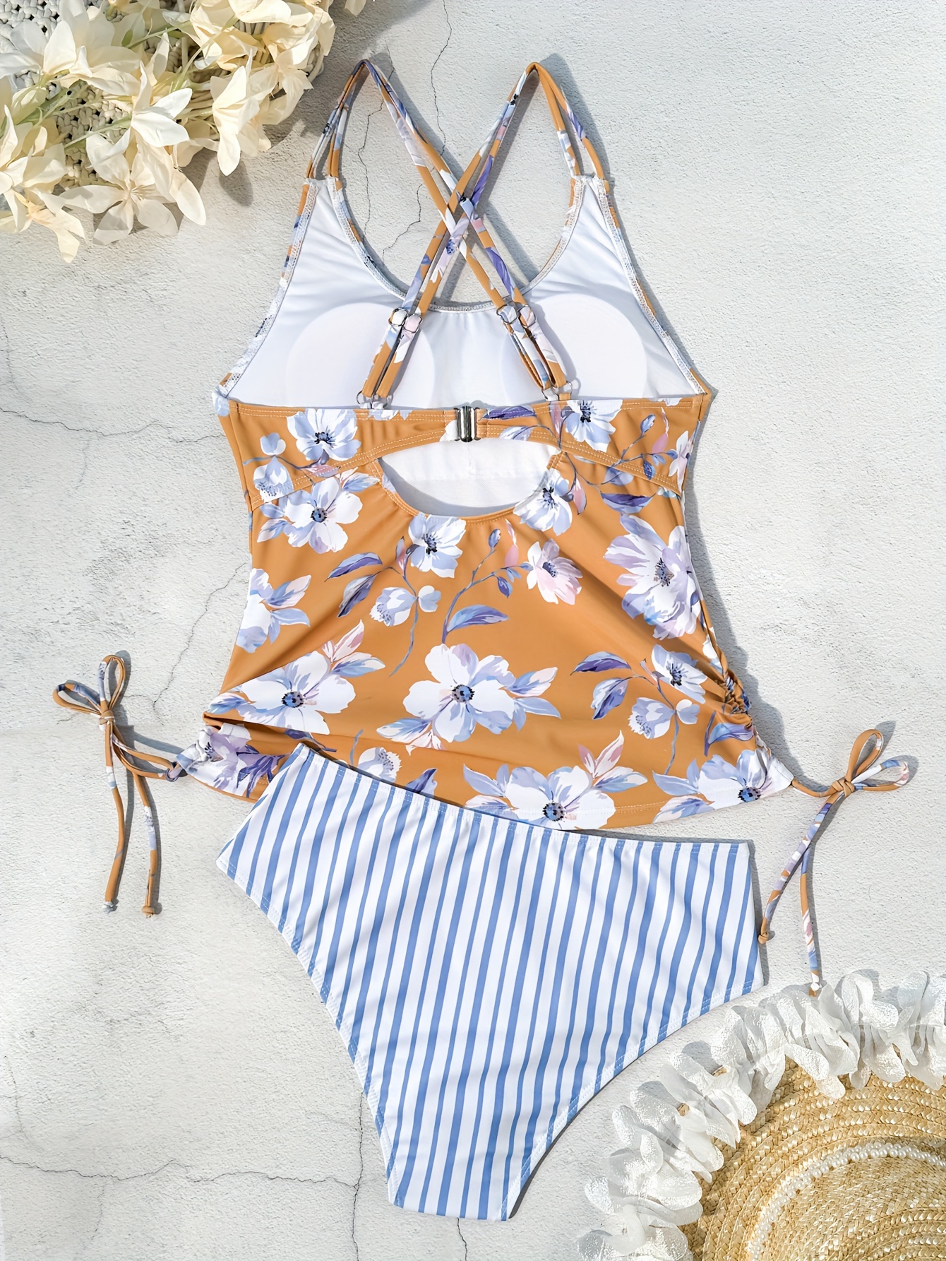 Floral Striped Print Tankini Criss Cross Straps Tie Side Temu