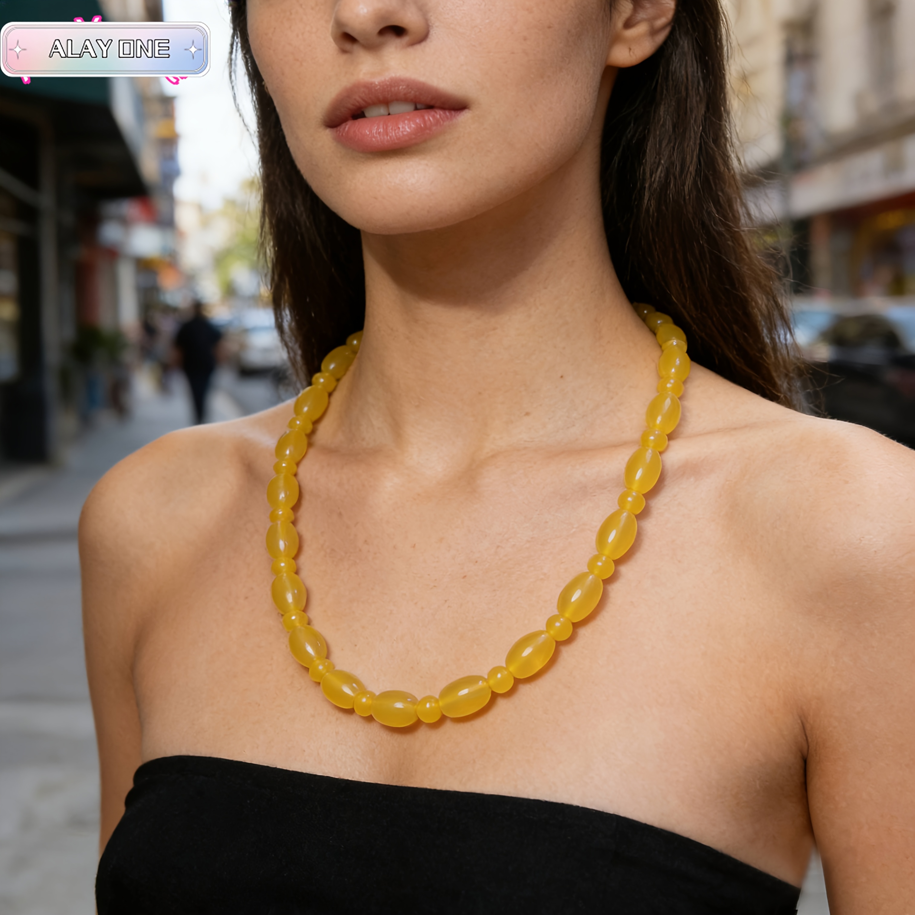 Unisex Natural Yellow Agate Drum Bead Necklace & Bracelet Set