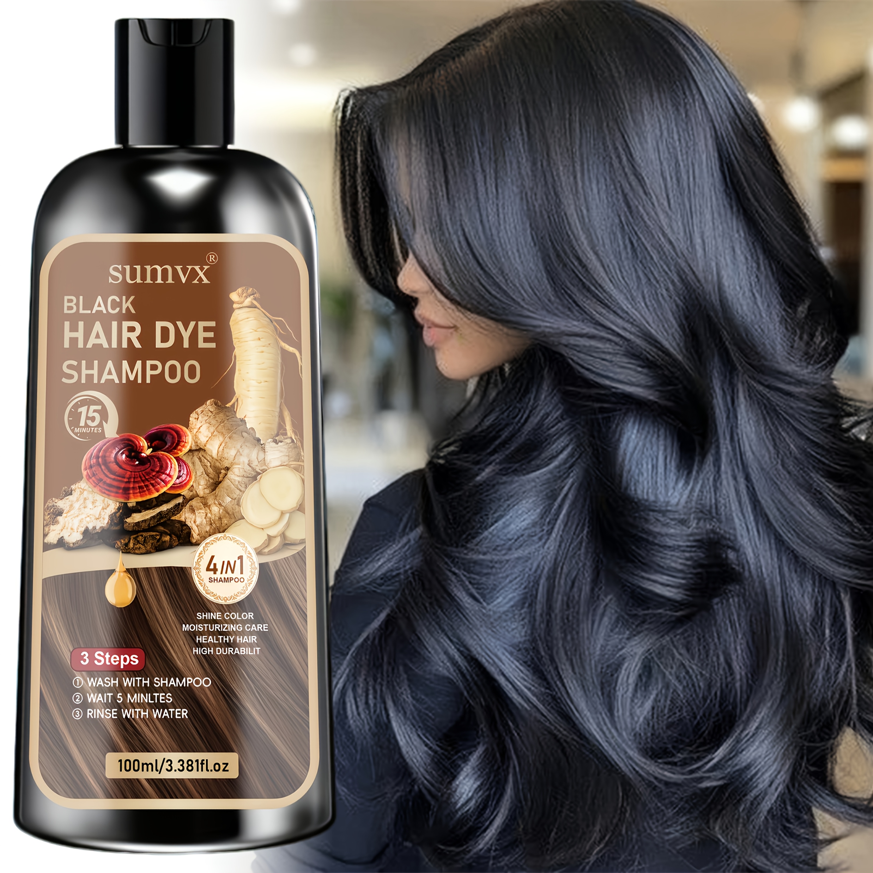 TEMU El champú 4 en 1 de tinte para el cabello con ginseng y jengibre una fórmula a base de plantas; cubre eficazmente el cabello y un color duradero