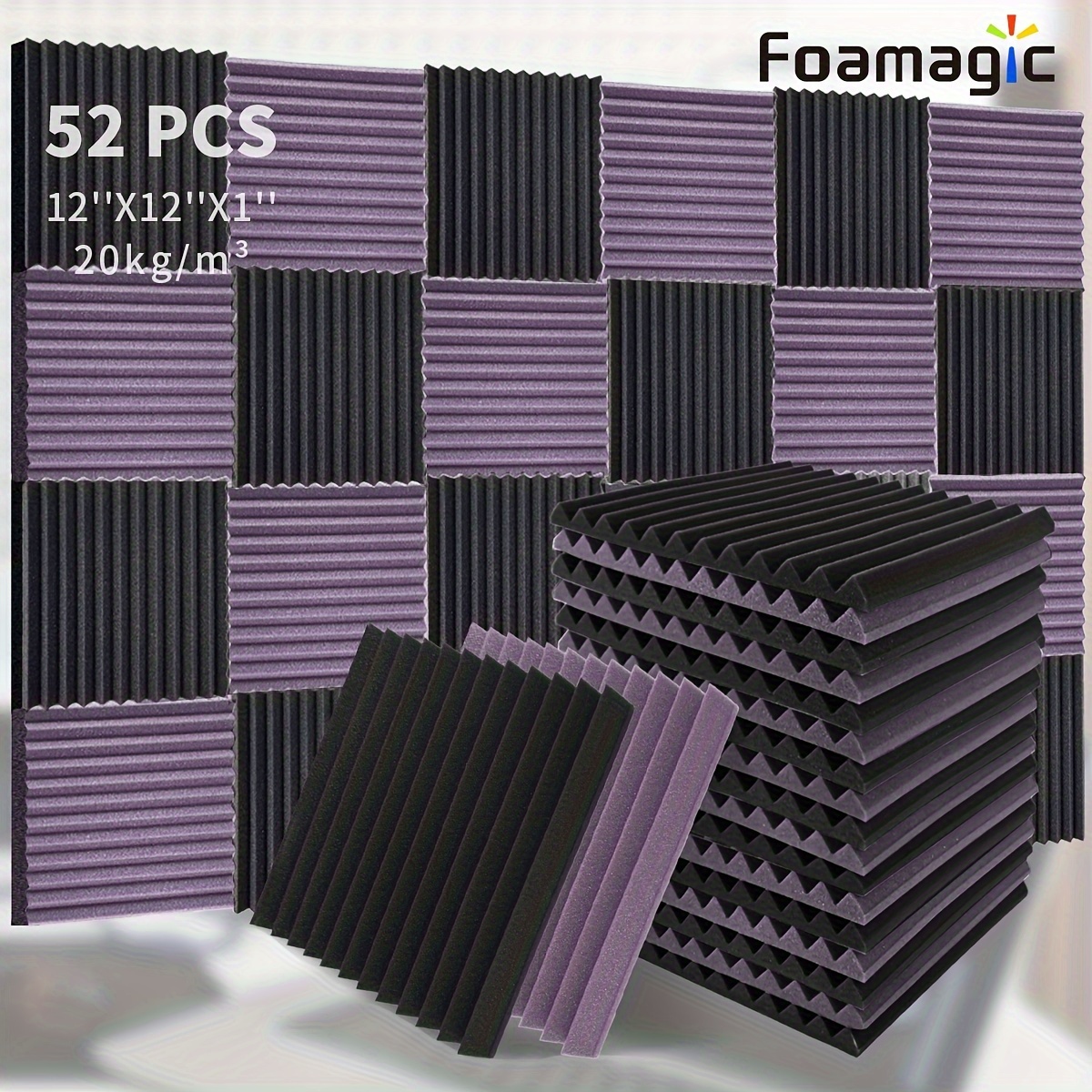 

52-pack Foamagic Studio Acoustic Foam Panels, 1"x12"x12" High Density Sound Absorption, Black & Purple, Wall Topper For Recording Equipment Accessories