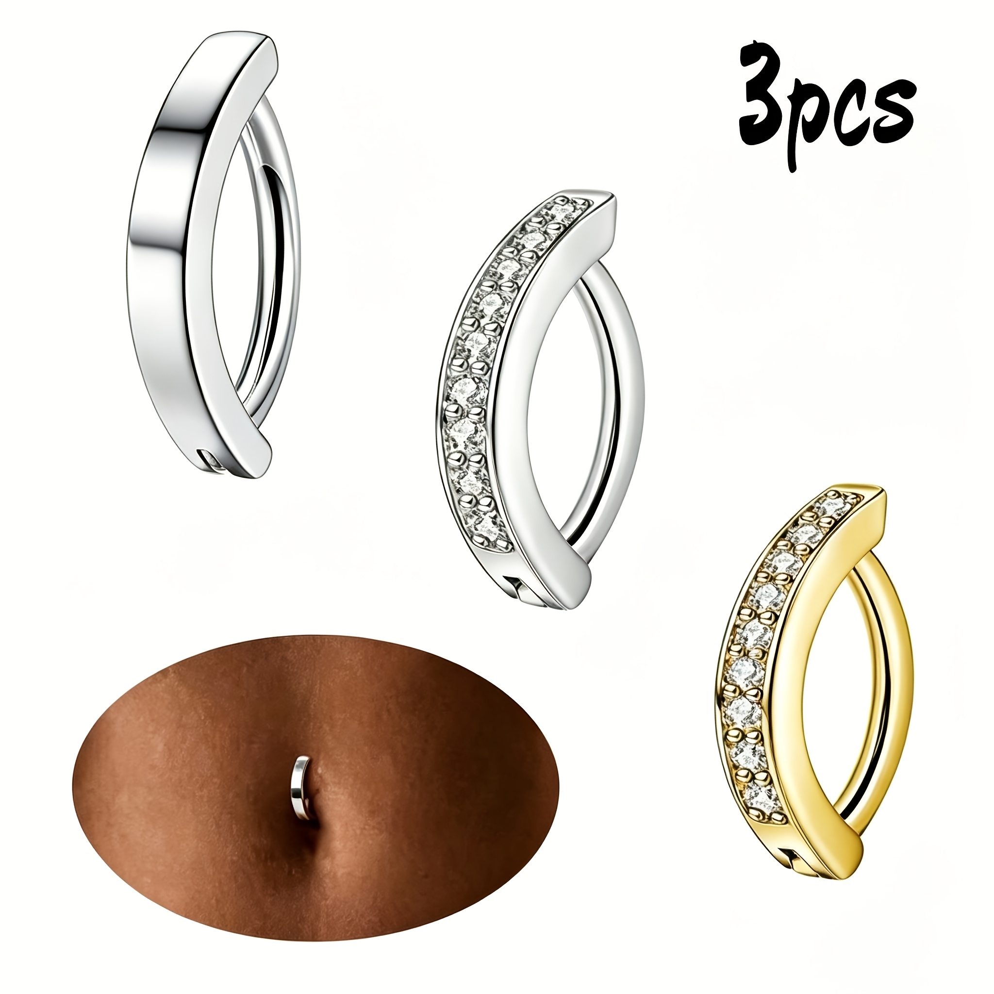 TEMU 3-delige Modieuze Zomer Minimalistische Glanzende Basic Navel Ring Veelzijdige Boogvormige Buik Sieraden Gemakkelijk te Openen en te Individuele