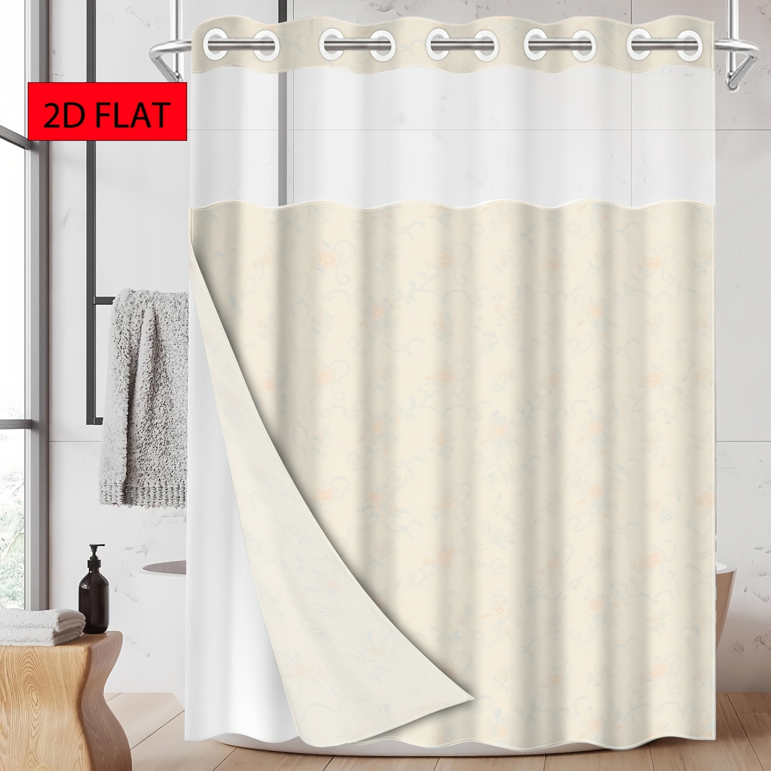 1pc no hook shower curtain with   liner plain beige   floral background pattern fabric inner liner washable suitable for bathroom bathtub decoration   and other occasions