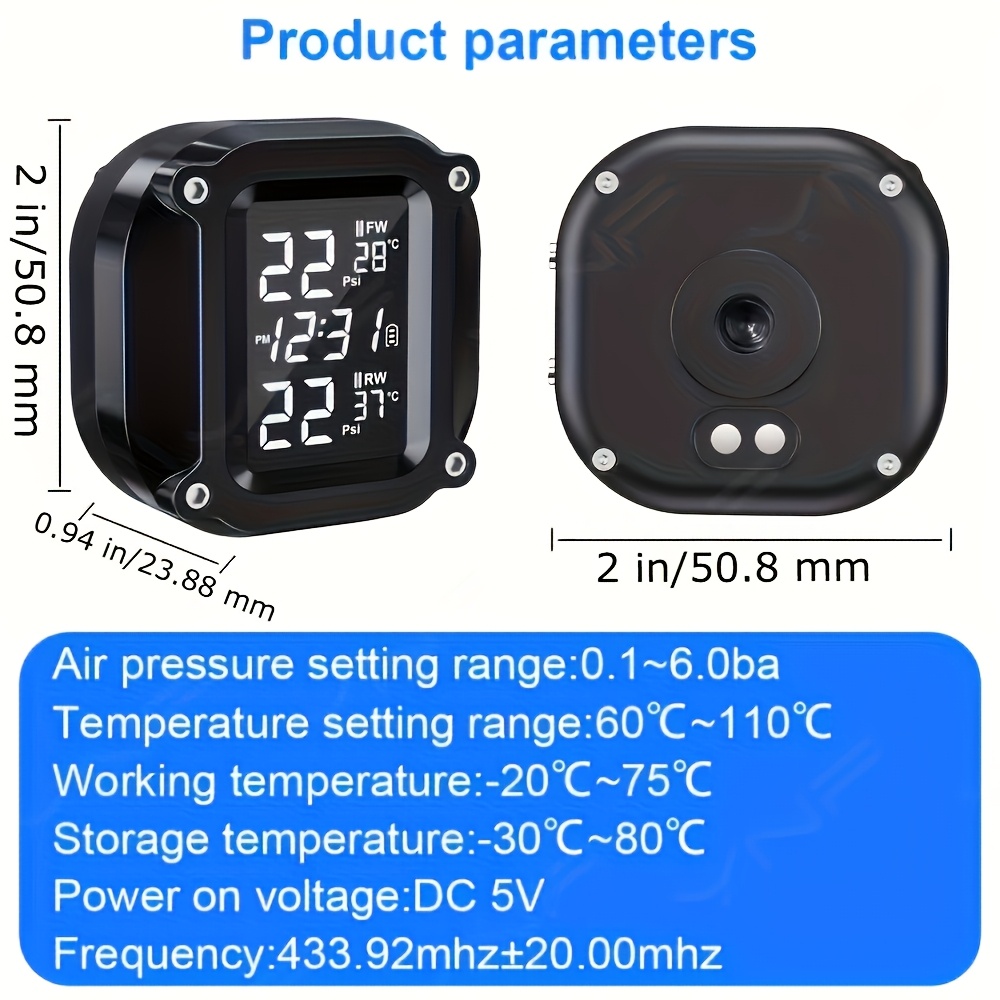 Sistema de Monitoreo de Presión de Neumáticos TPMS para Motocicleta, Equipado con 2 Sensores Externos para Alarmas de Presión y Temperatura de Neumáticos en Tiempo Real, y Equipado con Pantalla Inalámbrica, Adecuado para Todas las Motocicletas