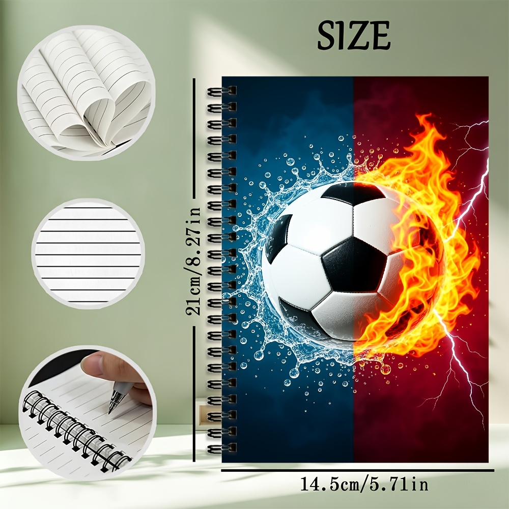 TEMU 1pc And Water Soccer Spiral Notebook, A5 Lined Journal Notebook, Dynamic Football With Flame Water Splash Lightning Art Cover Notepad, Note