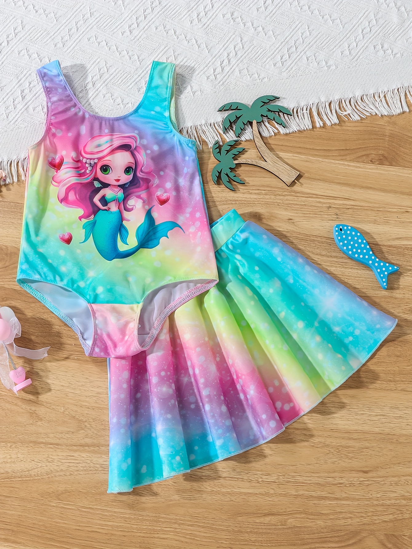 Mermaid Cartoon Girl s Swimsuit Set Sleeveless 1pc Swimsuit Swim Skirt Beach Seaside Pool Bathing Suits