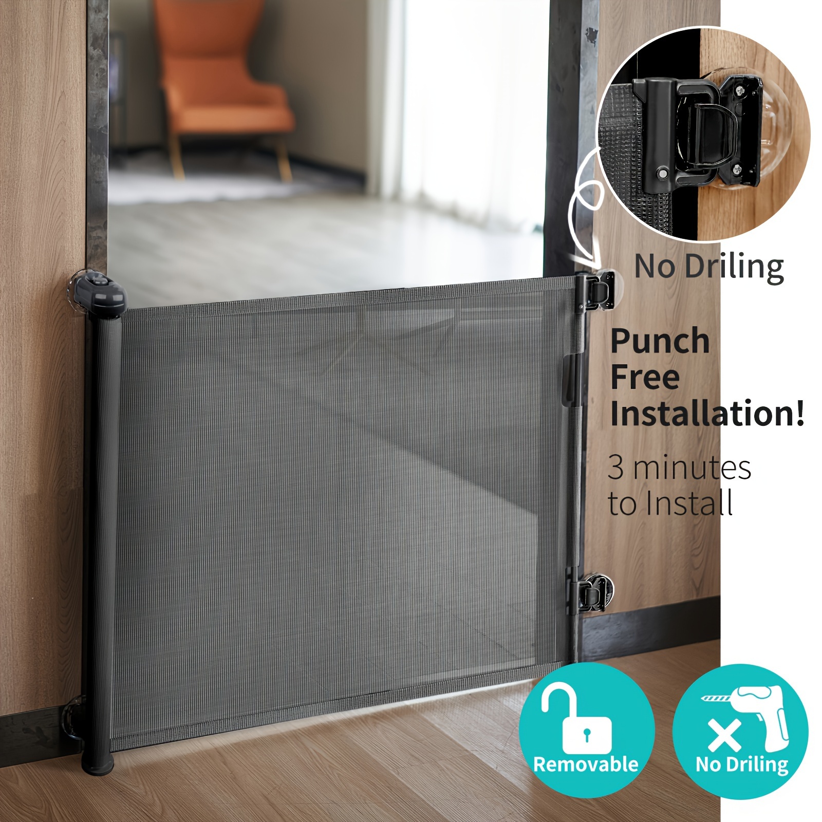 Punch-Free Install Retractable Baby Gate, Mesh Baby Gate Or 33&*; Tall,  Extends Up To 55&*; Wide, Child Safety Gate For Doorways, Stairs, H
