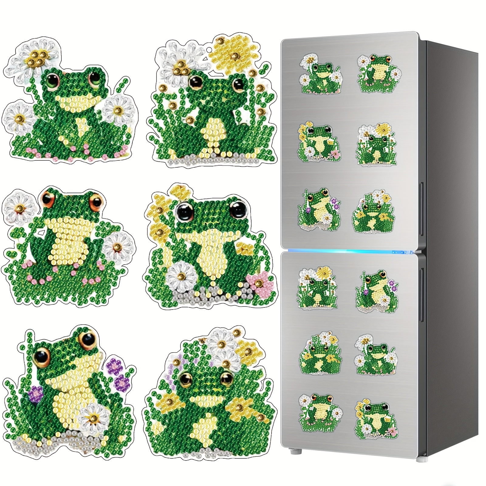 TEMU 6pcs Frog Pattern Diamond Painting Fridge Magnets, Animal Theme Craft Art Decorative Stickers, 2d Flat Printed Diamond Painting Magnetic