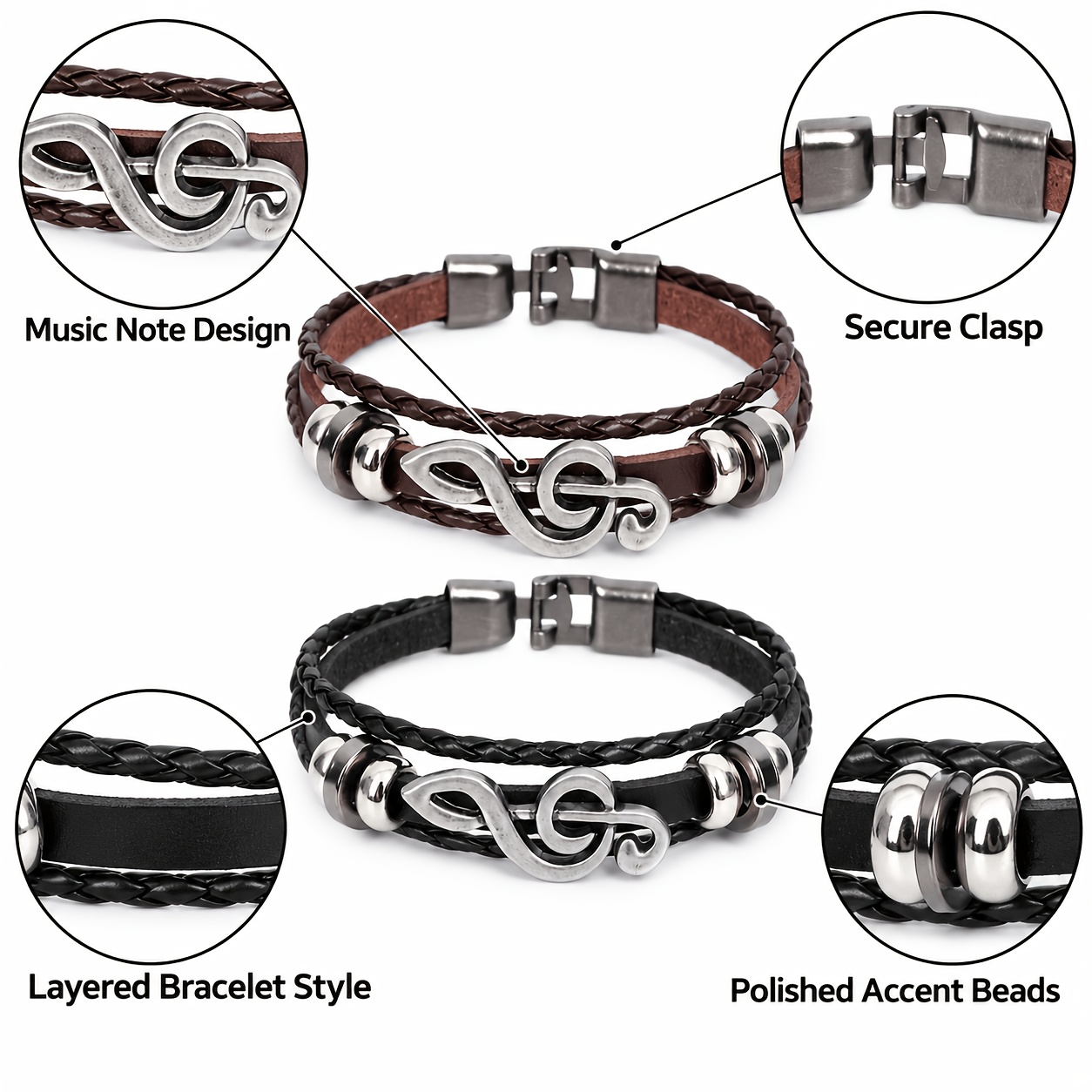 Unisex Music Note Multi-Layer Adjustable Cuff Bracelet