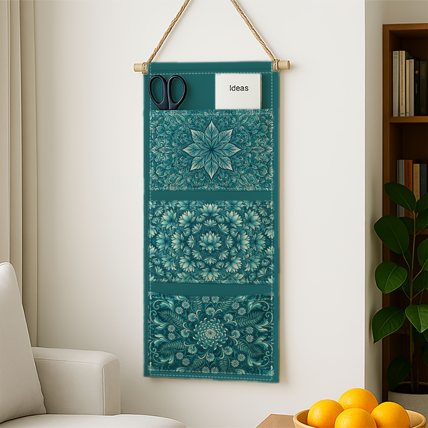 TEMU 1pc Wall-mounted Fabric Storage Shelf Featuring A Boho Mandala Design With Intricate Green Floral And Teal Leaf Patterns, A 3-pocket Hanging