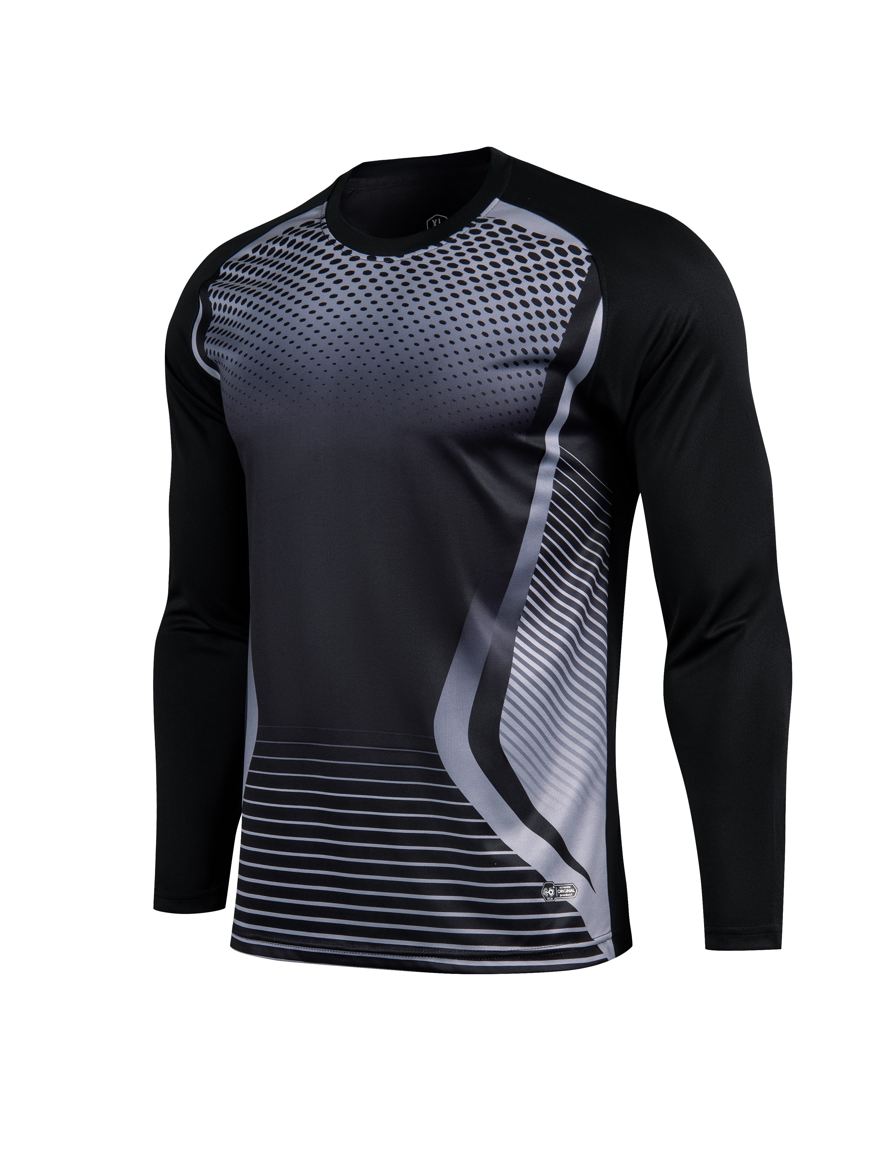 mens geometric stripe breathable quick dry long sleeve t shirt polyester 100 crew neck sports style skinny fit for soccer goalkeeper top with sponge pads training running   soccer jersey black 0