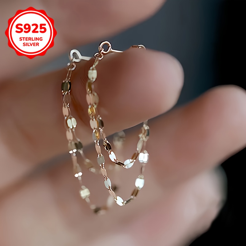 

925 Sterling Silver Hypoallergenic Ear Jewelry Chain Design Dangle Earrings, Elegant For Daily Casual