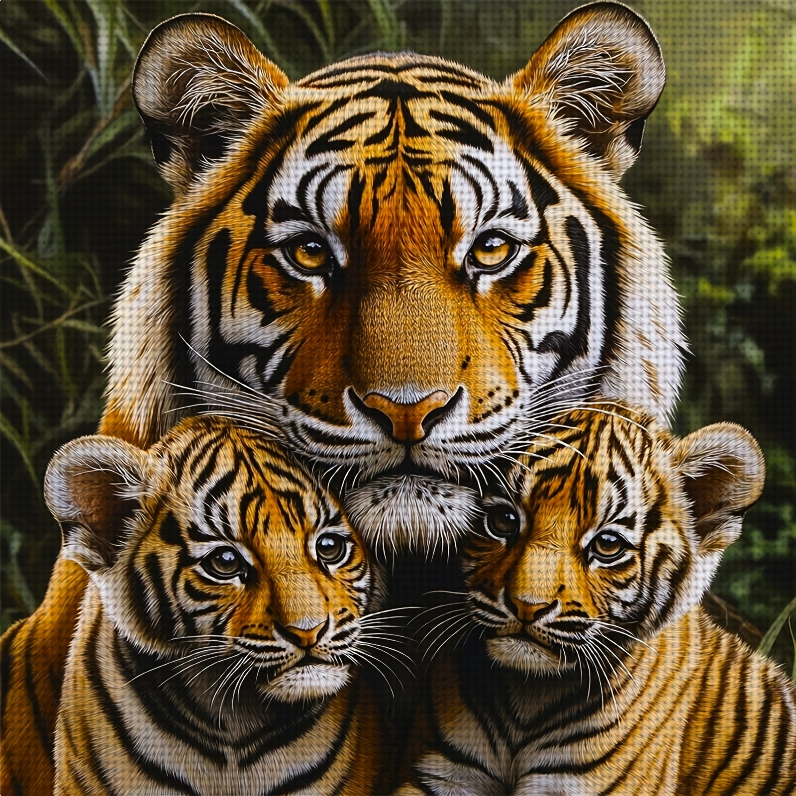 TEMU 1pc Complete Diy Frameless Tiger Mother & Cubs Cross Stitch Kit - 11ct/14ct Printed Fabric With Pre-printed Aida Hoops Suitable For Adults &