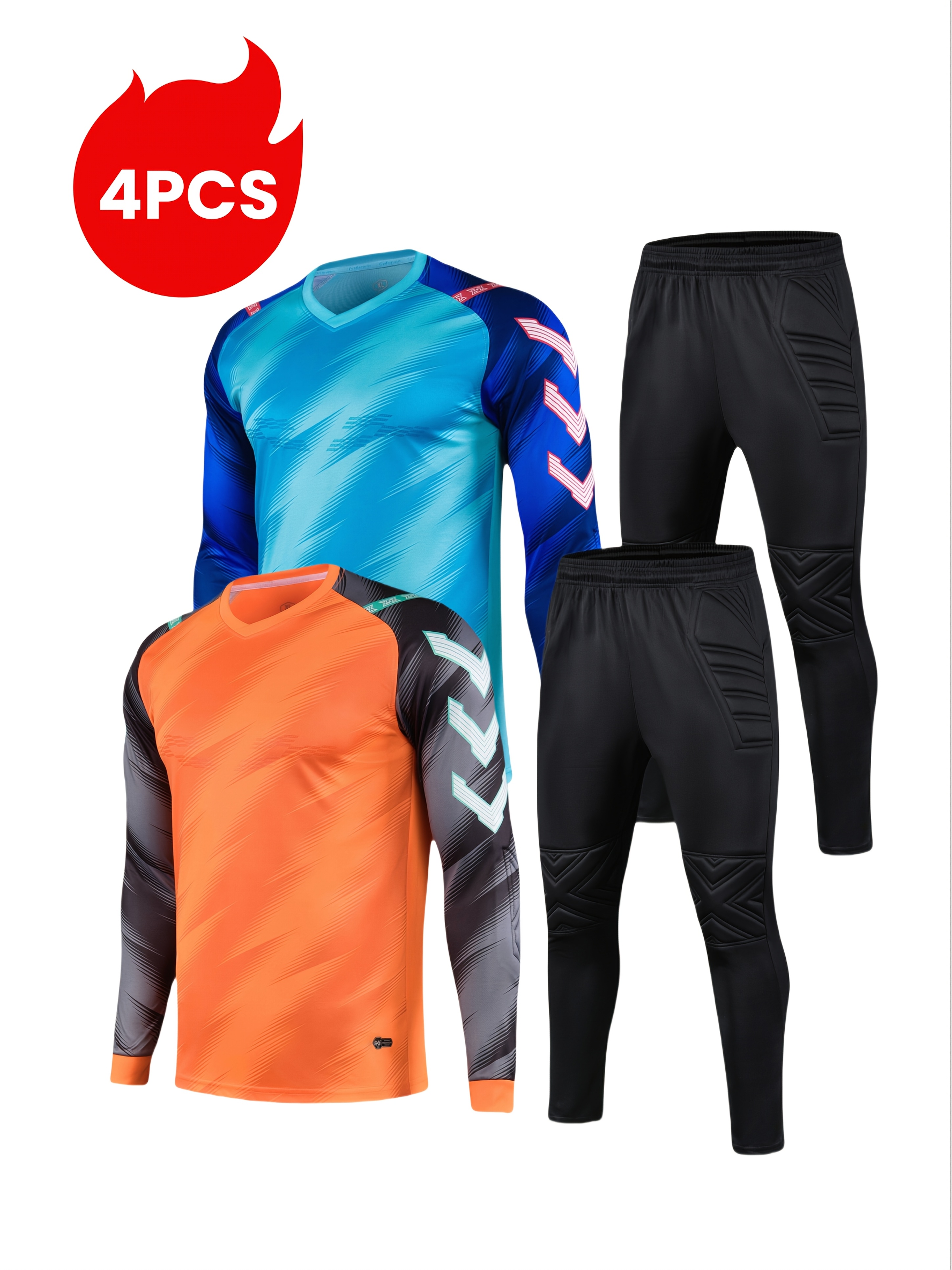 4pcs Football Goalkeeper Jersey Set with Foam Pads, Non-Slip Chest  , Running Training Sports Color Block Geometric Stripe Breathable   Long Sleeve T-Shirt + Goalkeeper Shorts, Training and Match Activity Protective Elastic Waistband