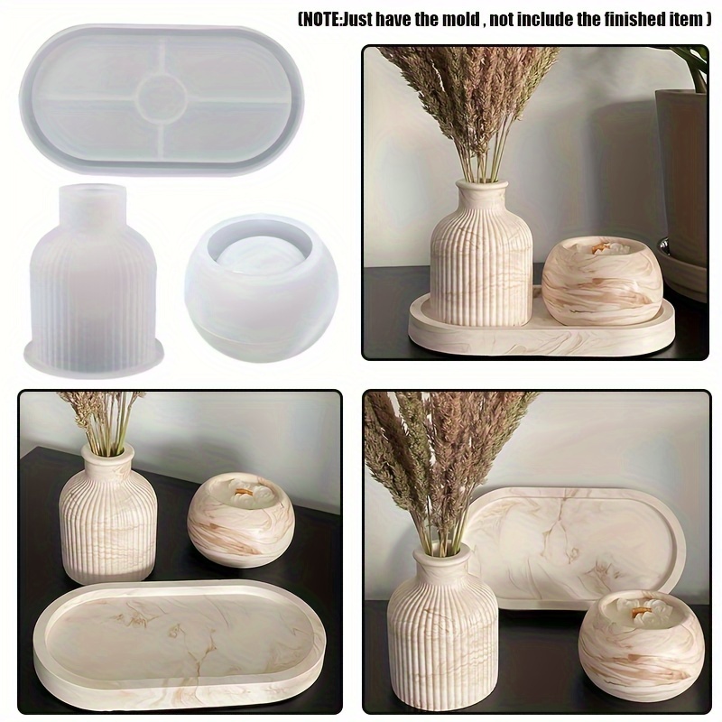 

3-piece Set Concrete & Resin Planter Molds - Diy Striped Storage Jar & Tray Silicone Molds For Handmade Vases, Circular & Oval Designs For Home Decor Crafting