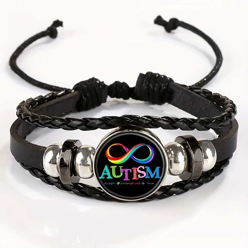 TEMU Adjustable Vintage Black Leather Bracelet With Rainbow Infinity & Autism Awareness Charm - Stylish Everyday Jewelry Gift For,, Girls, Boys, For Teenager
