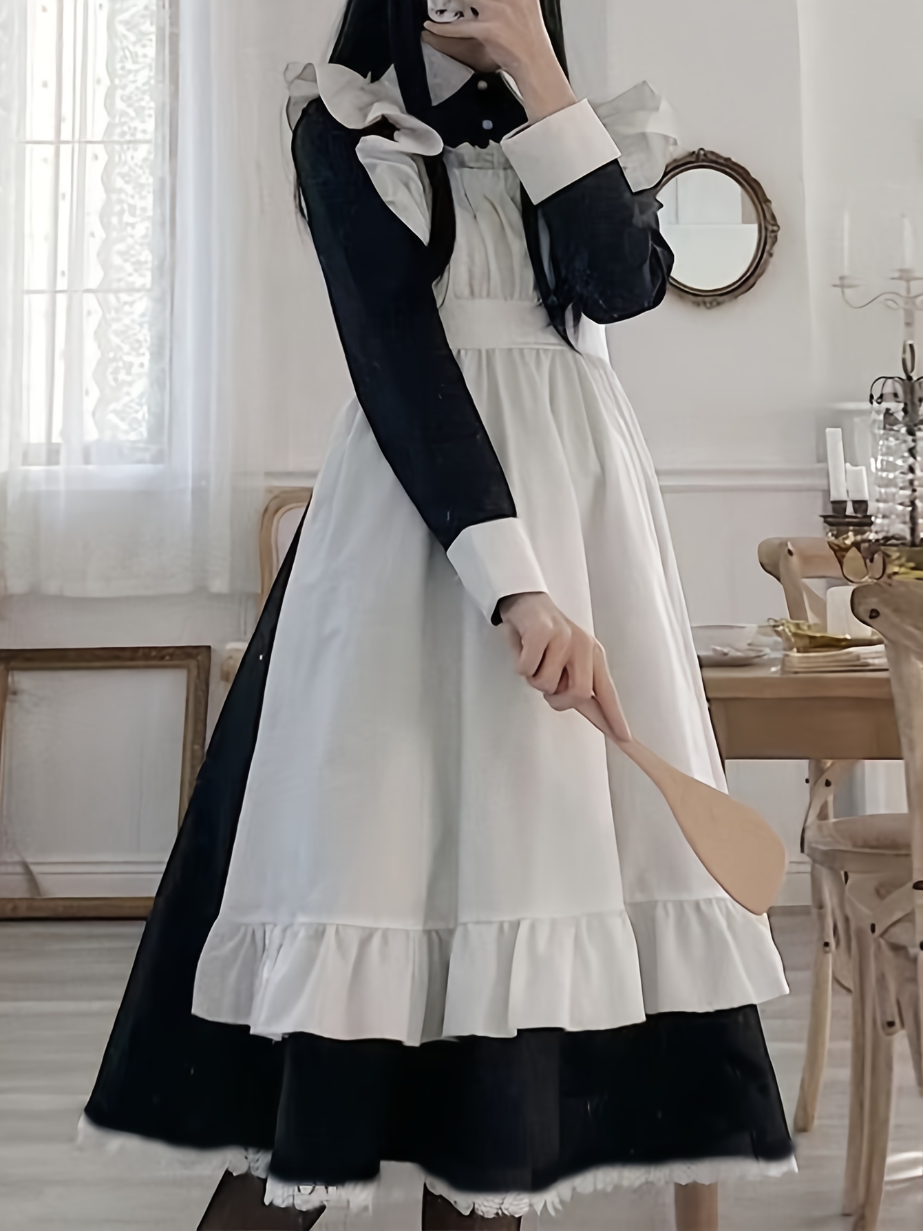 Cute * Long Sleeve Umbrella Skirt with Lapel and Pleated Details, Polyester  100% * and White * Costume