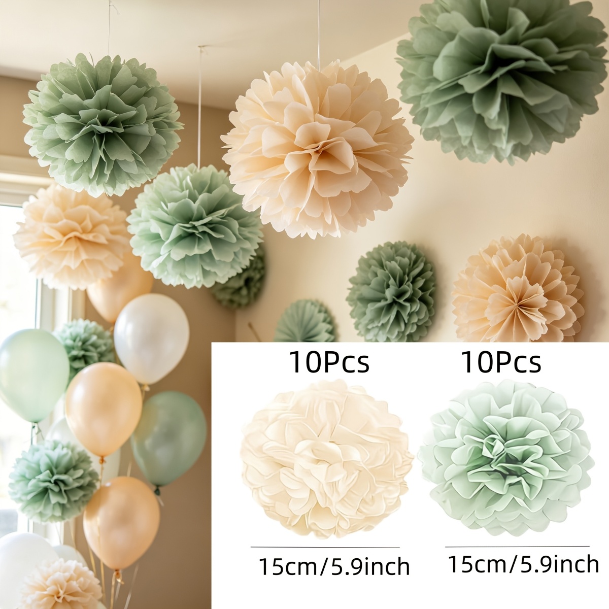 11pcs/20pcs Paper Pom Poms, Sage Green Party Flower Balls, Hanging Tissue Pom Poms For Bridal Shower, Home Decoration, Large Banquet, Birthday Party, Festival Celebration, Graduation Ceremony