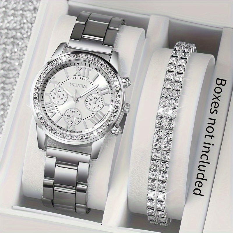 

3pcs/set Women's Luxury Rhinestone Quartz Watch Shiny Fashion Analog Wrist Watch & Bracelets, Gift For Mom Her