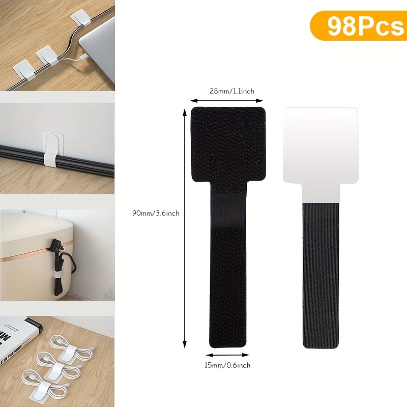 TEMU 98pcs Strong Adhesive Hook-and-loop Cable Ties - Reusable, Adjustable Under-desk Cable Organizers For Home Office, Black, Cable Management,