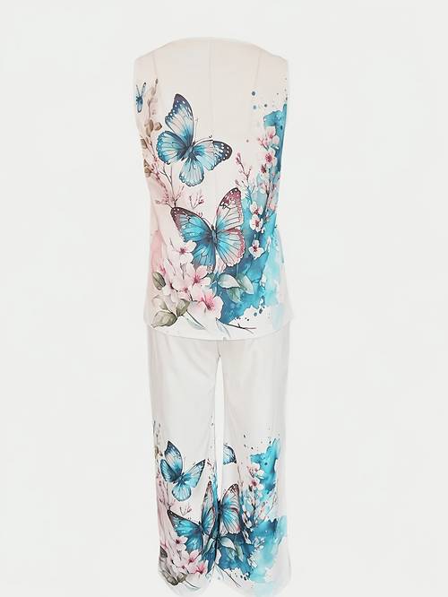 print vest and comfortable pants set round neck sleeveless vest and wide leg long trousers bohemian style two piece outfit