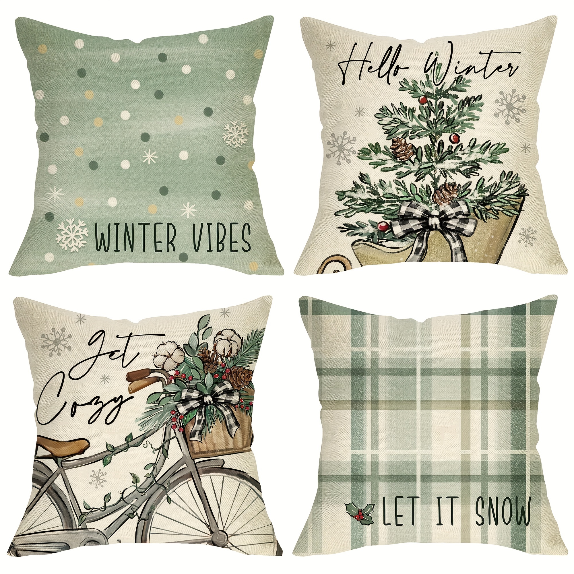 

Winter Holiday Themed Throw Cushion Covers Set Of 4 - Style Machine Washable Printed Zippered Covers For Various Room Types, Woven Polyester, Christmas Seasonal Decor For Sofa, Bedroom, Living Room