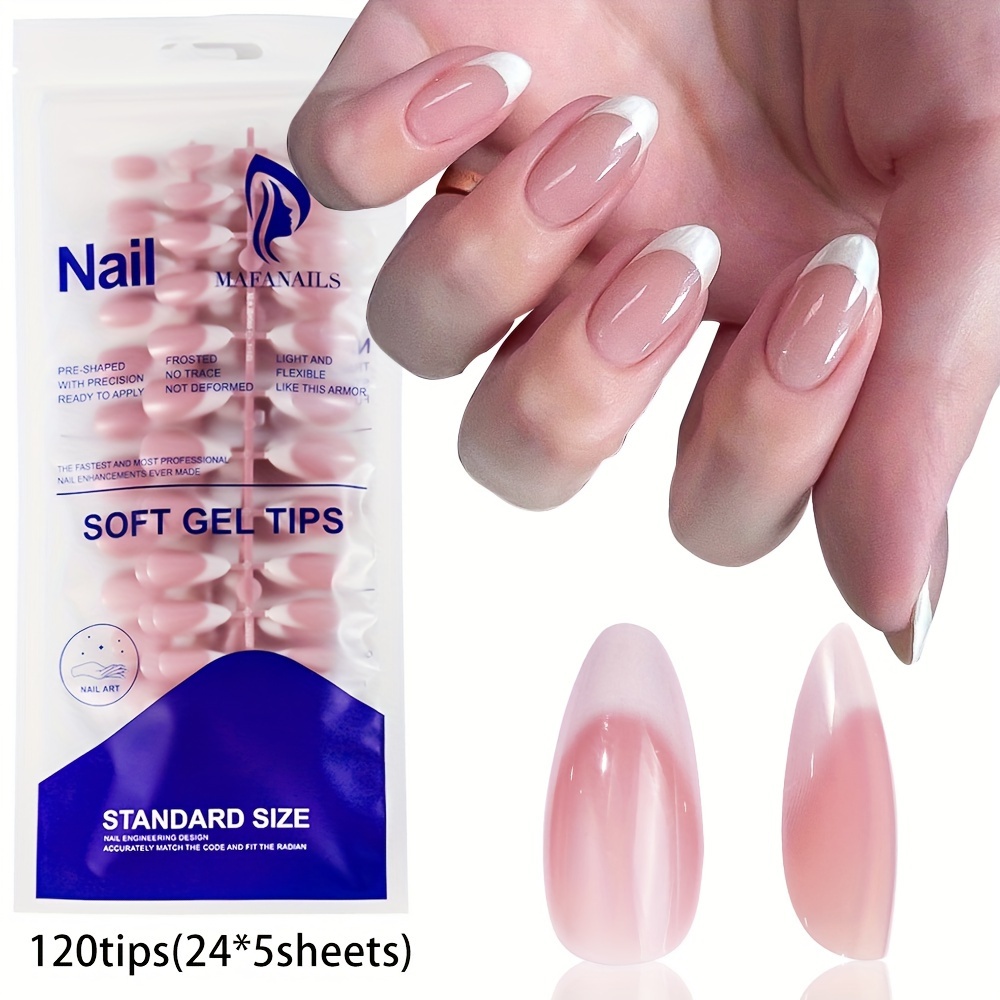 120pcs Almond Nude Pink And White Press-on Nails, Medium-length Nail Art Tips