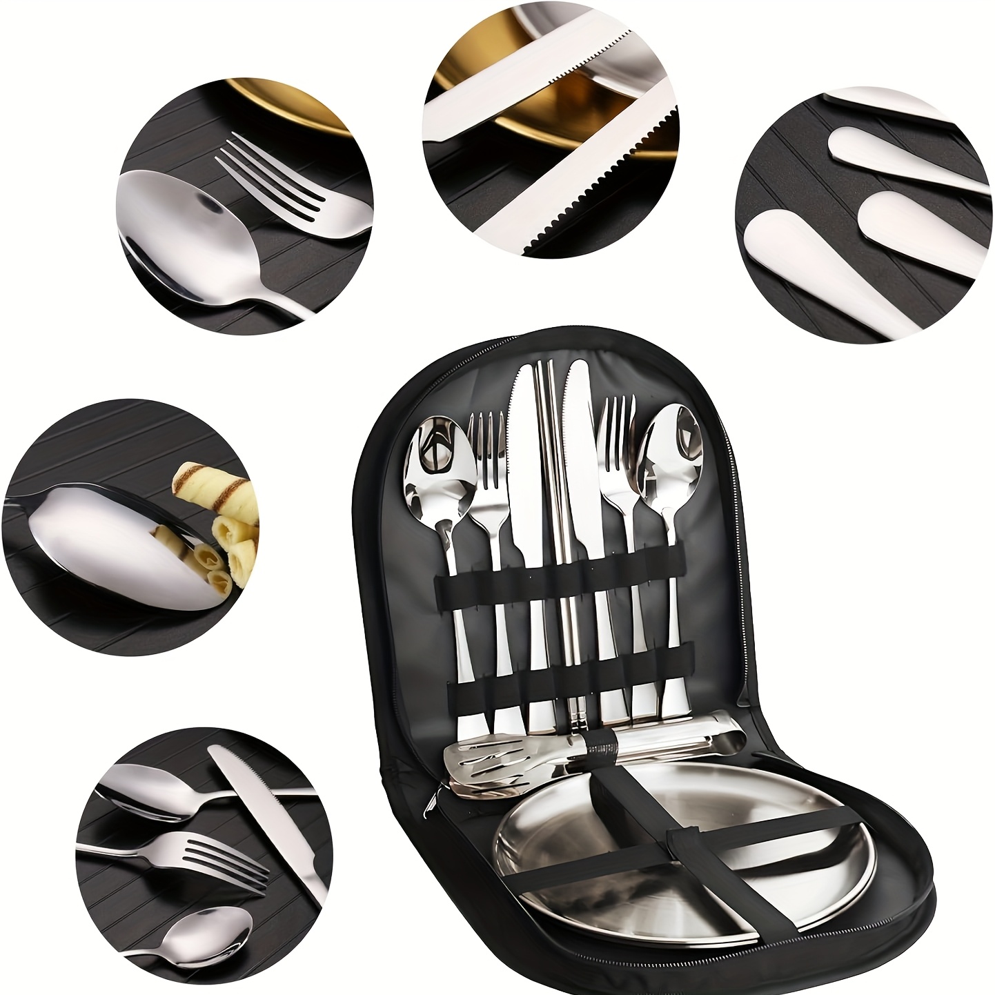 19-Piece Black Stainless Steel Tableware Set for Outdoor Use